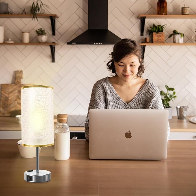 Table Lamp for Bedroom with Touch Control,Bedside Lamp with USB C+A Charging Ports& AC Outlets, Adjustable 3color LED Light for Home Decor/Nightstand/Bedroom/Office,Included Bulb and Fabric Lamp Shade