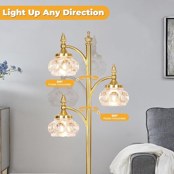 Gold Floor Lamp, Dimmable Tree Floor Lamps for Living Room Brass Tall Standing Lamp with 3 Rotatable Lights Glass Shade 66.5'' Modern Corner Lamp for Bedroom Office(3LED Bulbs Included)