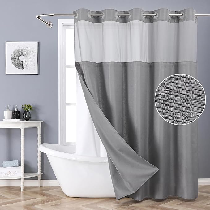 Grey No Hook Shower Curtain with Snap-in Fabric Liner Set,Slub Textured Fabric Shower Curtains for Bathroom,Hotel Style Modern Shower Curtain,Water Repellent & Washable,71x74(72)