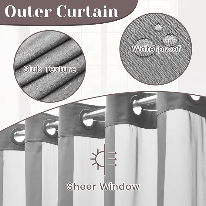 No Hook Slub Textured Shower Curtain with Snap in Liner - Dark Gray Fabric Outer Curtain & Waterproof Inner Liner, Hotel Style with See Through Top Window, 71x80 in