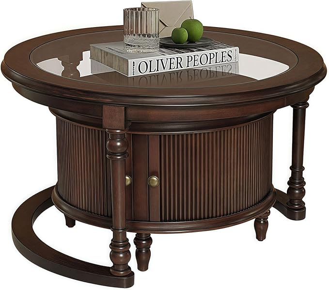 31.5'' Nesting Coffee Table Set of 2, Solid Wood Round Nesting Coffee Table Fluted with Storage, Brown Modern Coffee Table Set for Living Room Office