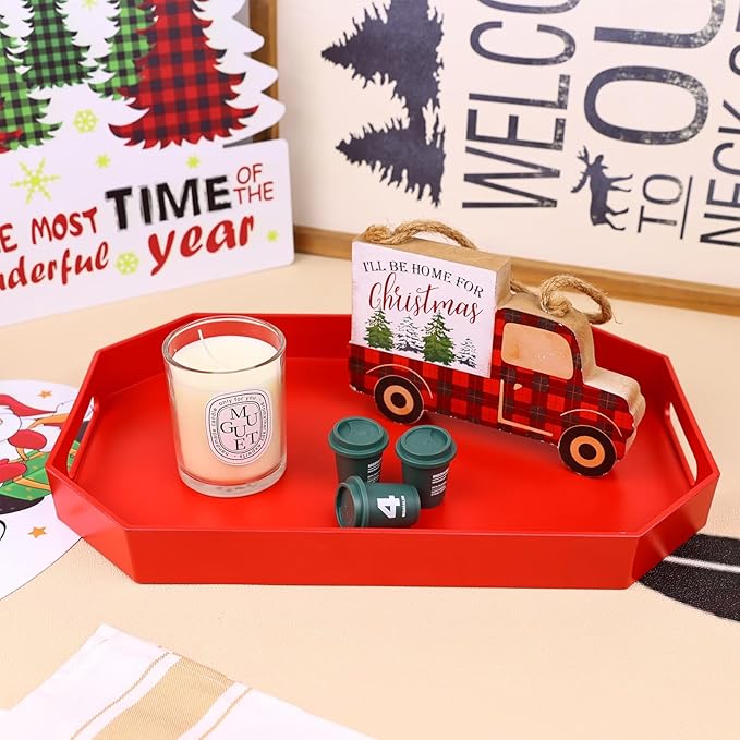 Red Octagonal Serving Tray with Handles for Coffee Table, Plastic Decorative Tray for Ottoman, Kitchen Counter, Living Room, Outdoor Lacquer Tray for Entertaining