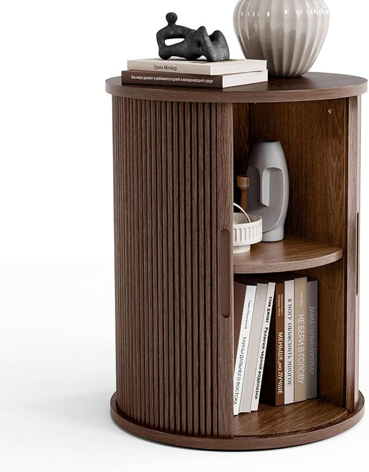 LINSY HOME Round Fluted End Table, Tall Side Table with Sliding Tambour Door and Storage Shelf, Modern Bedside Table, Mid-Century Nightstand for Living Room, Bedroom, Walnut