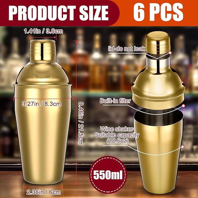 Nitial 6 Pcs Bar Cocktail Shaker Professional Stainless Steel Martini Drink Mixer Built-in Strainer for Bartending No Leaks Shaker for Bar Party Drink Mixer (Gold,18.6 oz)