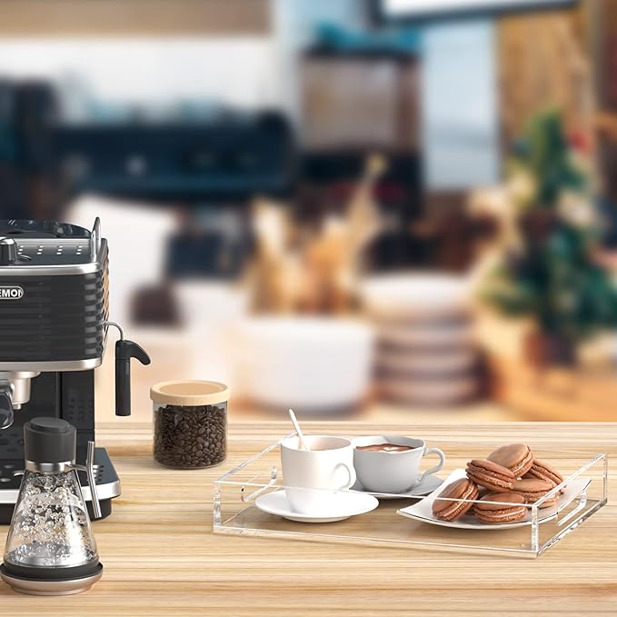 Acrylic Serving Tray with Handles-16x12x2.36Inch-Decorative Tray Letter Tray Organizer for Ottoman Coffee Table Countertop, Clear