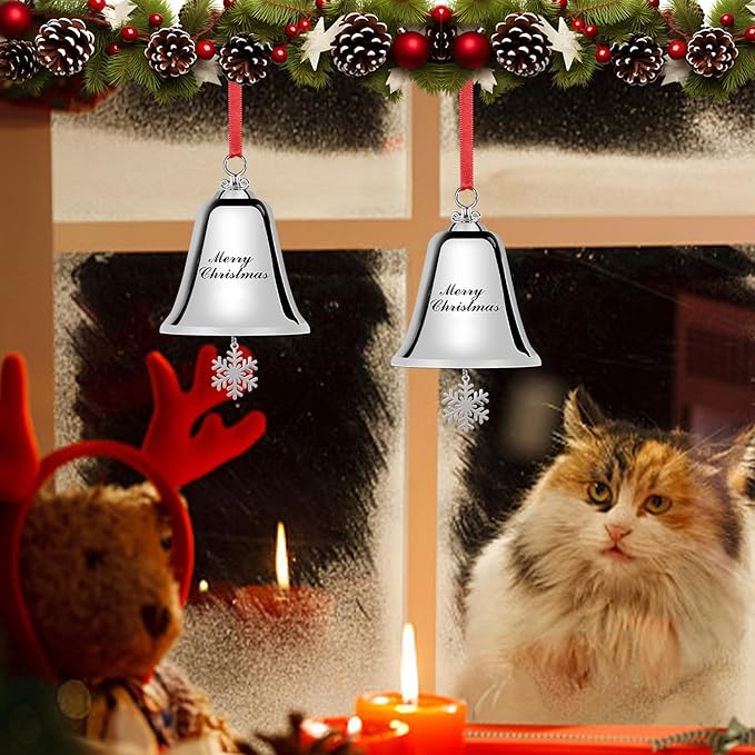 Styleonme Decorative Bells, Christmas Ornaments 2025, Engraved It's Merry Christmas 2025, Silvery Bells Decoration with Pendants Snowflakes