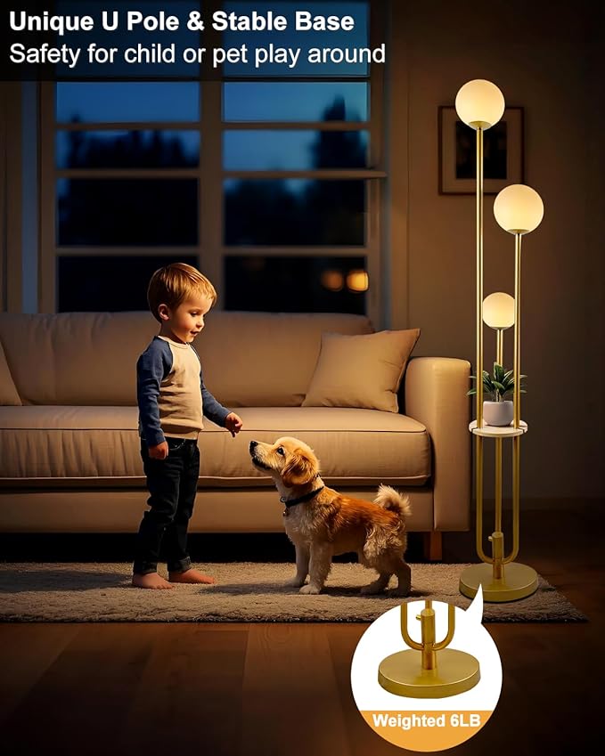 63IN Dimmable Floor Lamp with Shelf, Unique Globe Gold Tall Standing Lamps Candle Holder Style, 3000K Warmwhite Mid Century Modern Floor Lamp for Living Room Home Office(Bulbs Included)