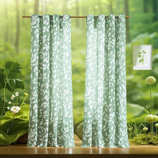 White Print Curtains for Living Room 63" Length Green Semi-Sheers Leaves Print Curtains for Windows, Grommet Top, 2 Pack