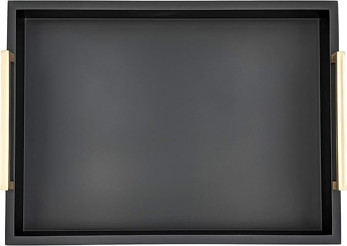 Decorative Coffee Table Tray - Ottoman Tray - Breakfast, Drinks, Liquor Serving Platter - from Farmhouse to Modern - Matte Finish - Champagne Gold Handles - Pitch Black Tray