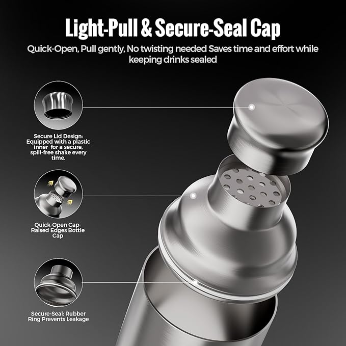 YARRAMATE 8Pcs 24oz Hybrid Vacuum Insulated Cocktail Shaker Set with Strainer, Premium Double Wall Stainless Steel Martini Shaker for Home Bar Bartending with Leakproof Seal, 25 Recipes | Gift Set