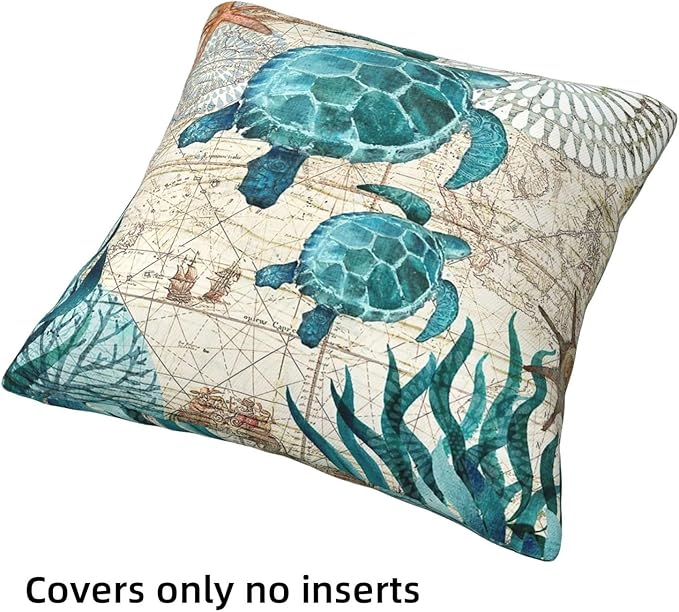 Coastal Blue Throw Pillow Covers 18 x 18 Inch Sea Turtle Seahorse Octopus Shark Beach Decorative Pillow Cases Ocean Nautical Cushion Covers for Sofa Bed Home Decor Set of 4