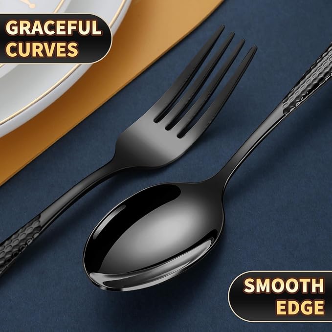 Lemeya 20-Piece Hammered Black Silverware Set for 4 with Serrated Forging Knives,18/10 Stainless Steel Modern Flatware Set,Unique Cutlery Set Spoons and Forks Set,Mirror Polished,Dishwasher Safe