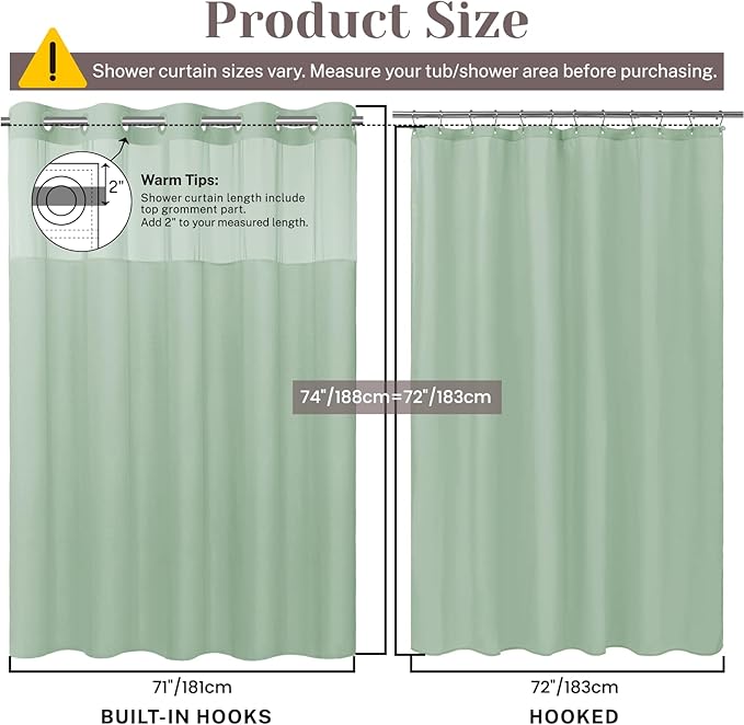 No Hook Slub Textured Shower Curtain with Snap in Liner - Aqua Fabric Outer Curtain & Waterproof Inner Liner, Hotel Style with See Through Top Window, 71x74 in