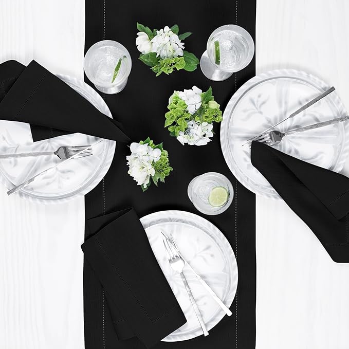 Solino Home Linen Black Table Runner 36 Inches - Classic Hemstitch, 100% Pure Linen Coffee Table Runner 14 x 36 Inch Ideal for Dresser Tables - Fall, Autumn, Halloween, Thanksgiving, Holiday