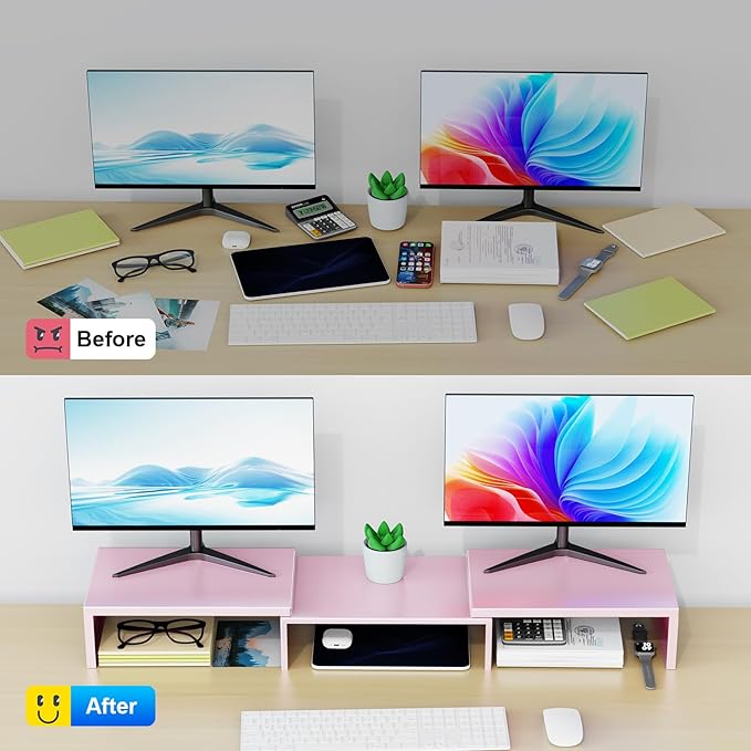 Dual Monitor Stand for Desk, Metal Monitor Riser, Pink office Supplies and Accessories (Pink)