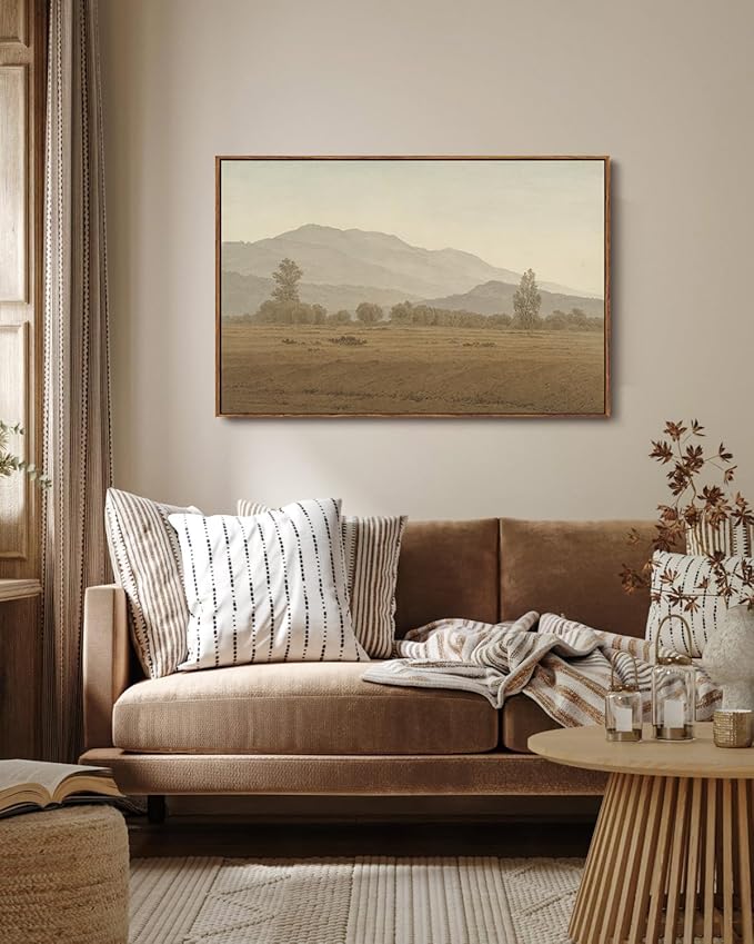 KISSFOX Vintage Landscape Framed Wall Art Grassland Mountain Canvas Wall Art Minimalist Neutral Farmhouse Serene Countryside Paintings Artwork Rustic Art Prints For Bedroom Living Room