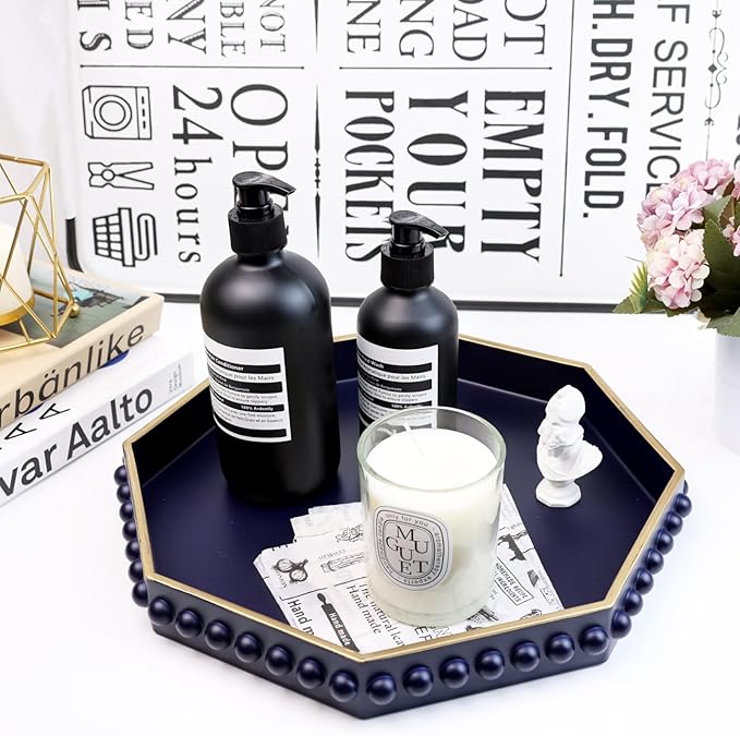 Navy Blue Octagonal Plastic Serving Tray for Coffee Table, Ottoman, Kitchen Counter, Living Room, Outdoor, Lacquered, Contemporary, 13x13x1.57 inches, Polypropylene