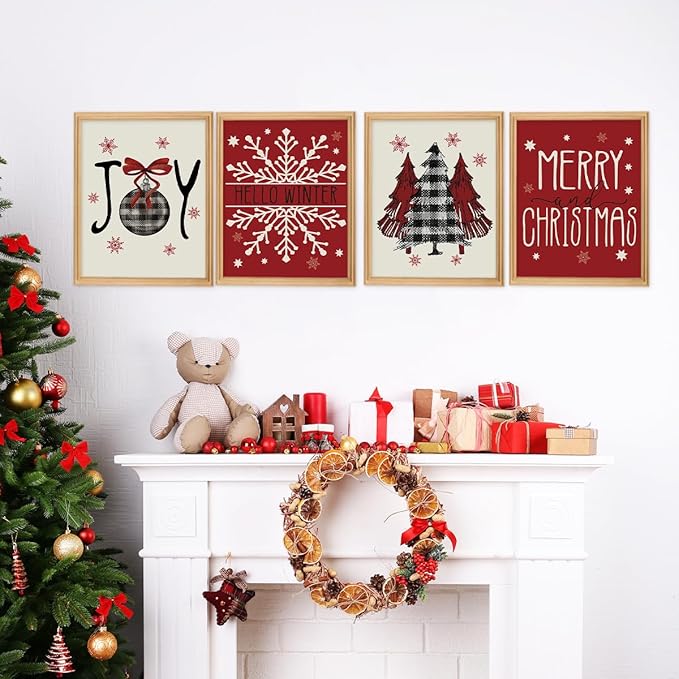 Wheatwin Christmas Wall Decor, Merry Christmas Wall Art Prints Set of 4, Christmas Trees Winter Decor for Farmhouse Living Room Bedroom Office, 8x10 (Unframed)