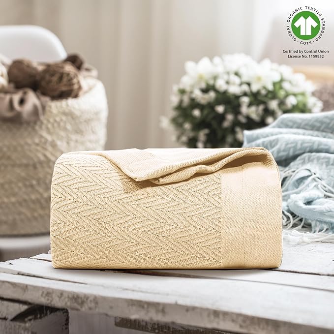 THREAD SPREAD Organic GOTS Cotton Blanket, Full/Queen - 350 GSM, Antistatic, Fuzzy Soft, Lightweight, Sofa, Camping & Travel, Perfect Herringbone All Seasons Throw, Beige + Trendy Tote Bag