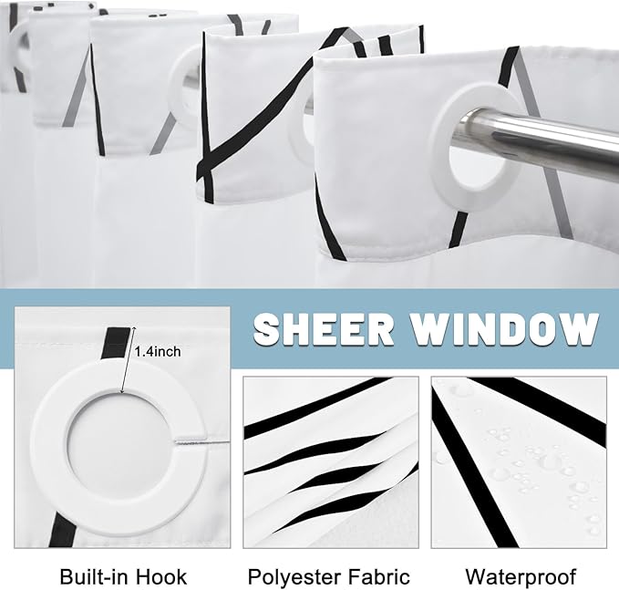 No Hook Black and White Striped Long Shower Curtain with Snap in Liner Set - Hotel Shower Curtain and Liner Set with See Through Mesh Top Window,Machine Washable, 71x86 INCH