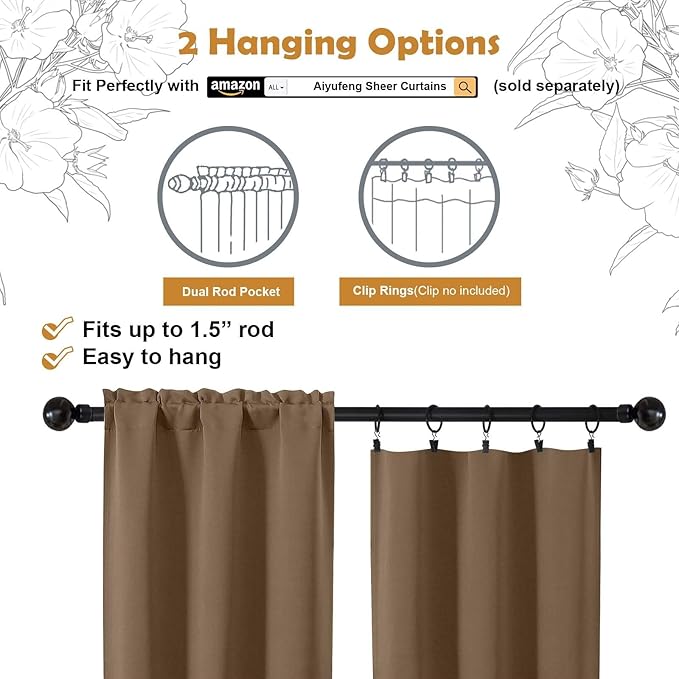 Aiyufeng Brown Short Blackout Curtains for Bedroom 54 Inches Long 2 Panels Set, Solid Thermal Insulated, Energy Saving Window Treatment Curtains Blackout Drapes, W40 x L54 Inch, Brown