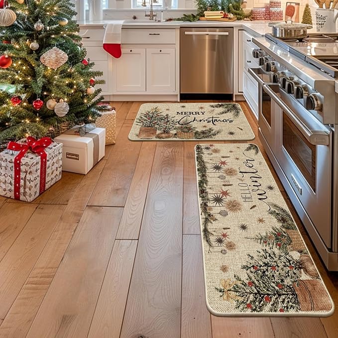 Artoid Mode Holly Ornament Merry Christmas Kitchen Mats Set of 2, Winter Home Decor Low-Profile Kitchen Rugs for Floor - 24x35 and 24x59 Inch