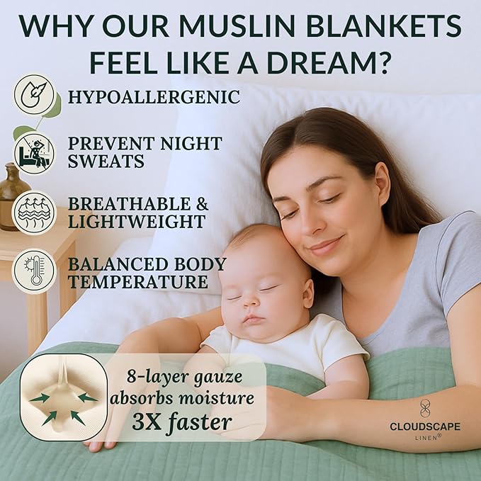 Cloud Scape Linen 100% Cotton 8 Layer Muslin Blanket Twin Size,Lightweight, Breathable Bed Blanket, Suitable for All Season, Cotton Gauze for Couch & Sofa, 68x92, Seafoam Green