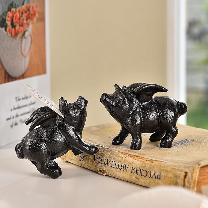 Sungmor Whimsical Cast Iron Flying Pig Statue, 2pcs Rustic Black Cute Little Piggy Paperweight, Garden Collection Figurine Home Office Desk Ornament, Indoor Outdoor Animal Statues