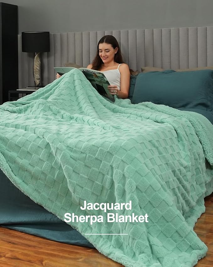 Pawque Super Soft Cozy Throw Blanket for Couch Bed - Fluffy Sherpa Fleece Reversible Thick Warm Fuzzy Blanket for All-Season, 3D Checkered Jacquard Elegant Decorative Blankets, Sage Green, 50" x 60"