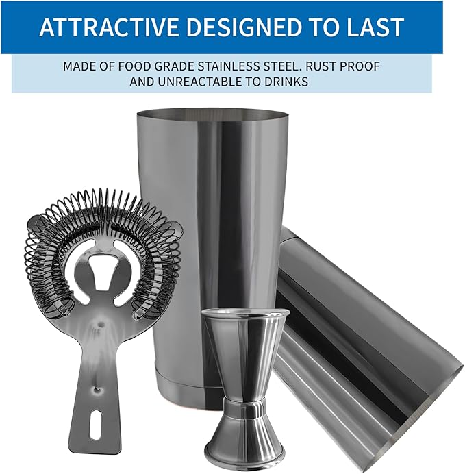 Boston Cocktail Shaker Bar Set, Weighted Boston Shaker Tins, Bartender Kit with 18oz & 28oz Mixed Drink Shaker, Hawthorne Strainer, Double Measuring Jigger - Black