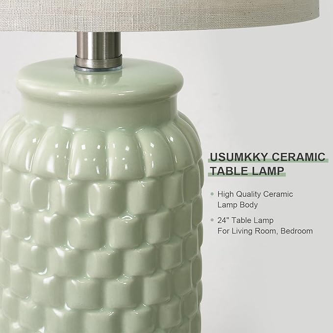 24" Modern Ceramic Green Bedside Lamp Set of 2 Table Lamp for Bedroom Decor Farmhouse Table Lamp for Living Room Office Dorm