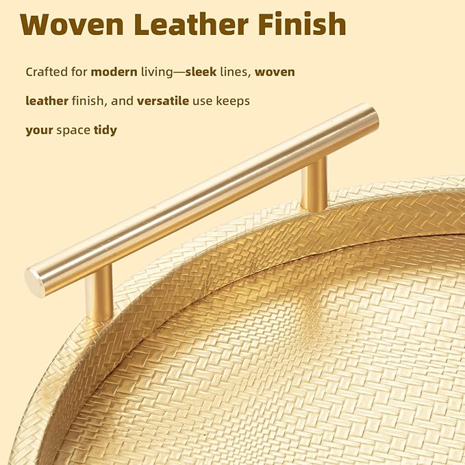 2 Piece Golden Round Serving Tray with Handles, Woven-Texture Faux Leather Ottoman Tray for Living Room, Decorative Tray for Coffee Table Home Decor