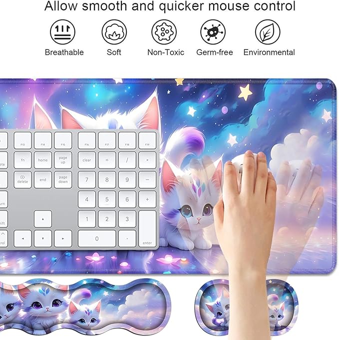 4 in 1 Ergonomic Keyboard Wrist Rest & Mouse Pad Wrist Rest Set, Large XXL Gaming Desk Mat 31.5"x 11.8" with Non-Slip Base, Memory Foam for Home Office Study Gaming, Cute Cat