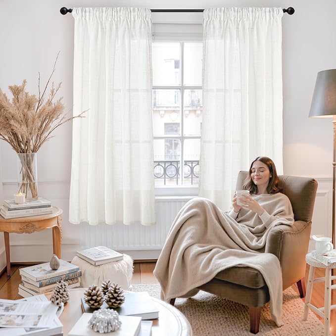 YoungsTex Linen Semi Sheer Curtains 63 Inch Length 2 Panels, Ivory White Light Filtering Window Drapes Naturel Textured with Rod Pocket Back Tab for Bedroom Living Room, 52 X 63 Inch