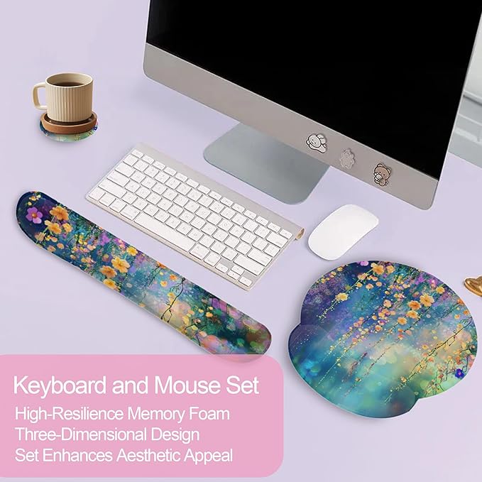 Watercolor Ivy Flower Spring Flower Mouse Pad with Wrist Rest and Keyboard Wrist Rest Set, Non-Slip Rubber Base Memory Foam Mouse Pad Set for Women, Office Desk Accessories, Gaming