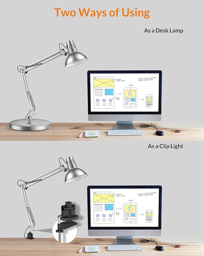 LEPOWER Metal Desk Lamp, Adjustable Goose Neck Architect Table Lamp with On/Off Switch, Swing Arm Desk Lamp with Clamp, Eye-Caring Reading Lamp for Bedroom, Study Room &Office (Silver)