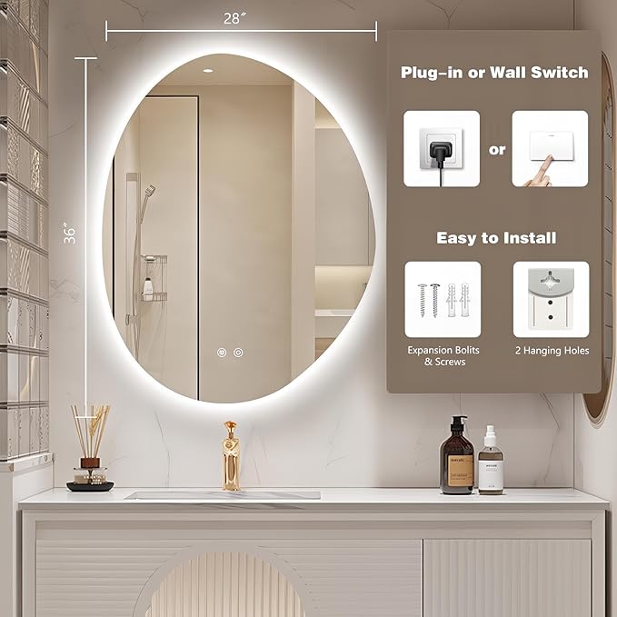 Niccy Irregular LED Bathroom Mirror, 28"x36" Asymmetrical Backlit Vanity Wall Mirrors, Frameless Lighted Mirrors for Bedroom, Living Room, Modern Smart-Mirror with Anti-Fog, Dimmable, Memory Function