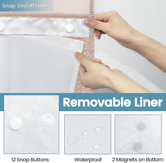 Blush Pink No Hook Shower Curtain with Snap in Liner,230GSM Waffle Weave Shower Curtains for Bathroom,71W x 74H