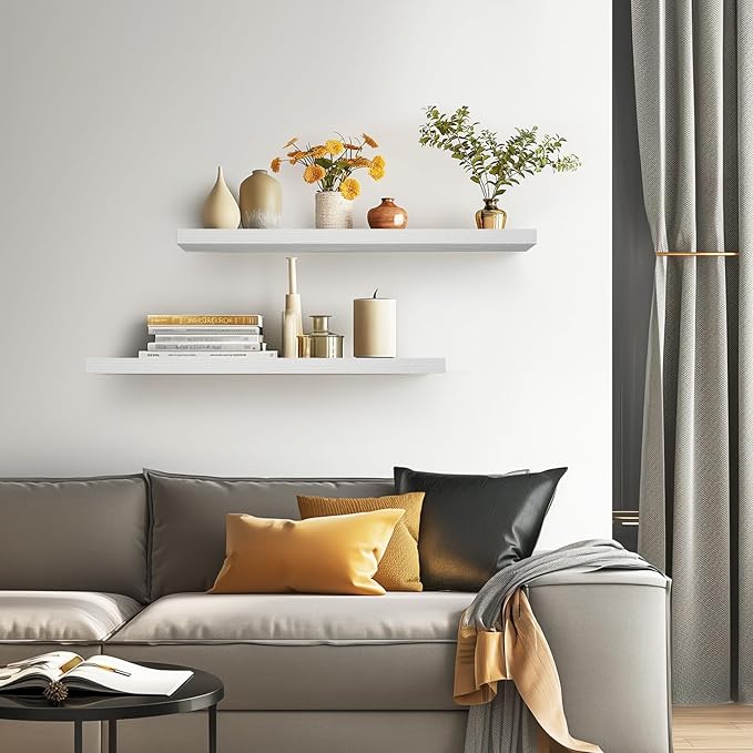 BAYKA Floating Shelves, 36 inch Wall Mounted Rustic Wood Shelves for Bathroom, Bedroom, Living Room, Kitchen, Office, Hanging Shelf for Books/Storage/Decor(White,Set of 2)