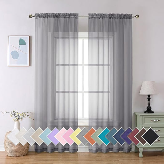 Aiyufeng Sheer Voile Window Treatment Rod Pocket Curtain Panels for Kitchen Bedroom Living Room Drapes Sunlight Filtering Privacy Semi Home Decor Assorted (Grey, 42 W x 90 L)