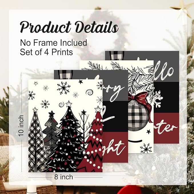 Wheatwin Winter Christmas Decor Wall Art Prints Set of 4, Christmas Tree Wall Decor, Hello Winter Xmas Merry Christmas Decor for Home Bedroom Living Room, 8x10 (Unframed)