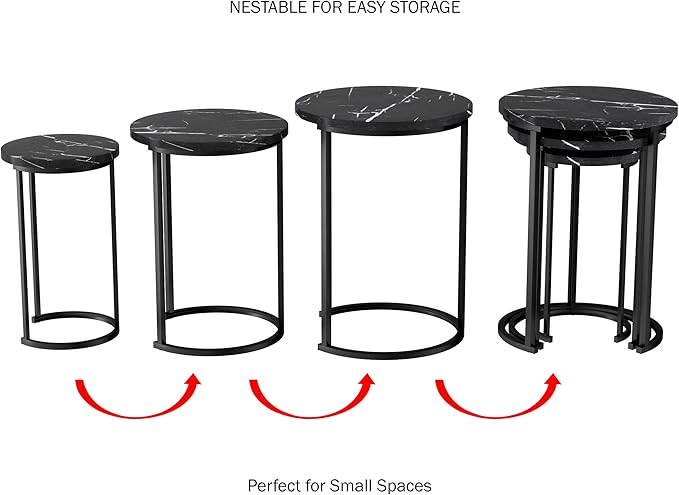 Lavish Home 6-Piece Nesting Table Set – Round Faux Marble Side & End Tables – Modern Space-Saving Accent Furniture for Living Room, Bedroom, Apartment, or Home Office (Black)