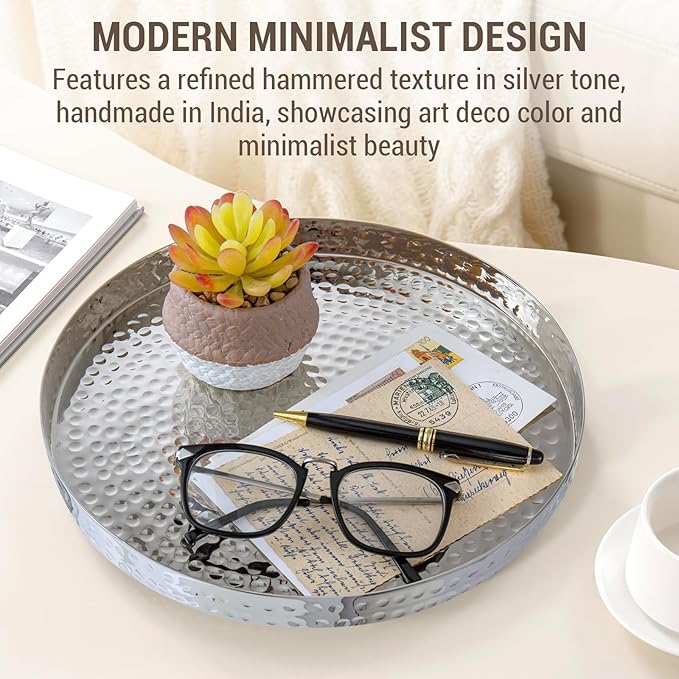 MyGift 11 Inch Deluxe Hammered Silver Round Decorative Tray - Aluminum Plated Serving Display Platter and Vanity Tray - Handcrafted in India