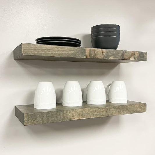 PJ DECOR URBANDI, Rustic Floating Shelves, Set of 2, Hidden Bracket, Solid Wood, Heavy Duty, Wall Mounted Shelves, (Grey, 24Wx6D)
