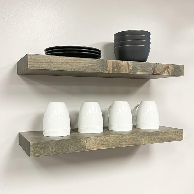 URBANDI, Rustic Floating Shelves, Set of 2, Hidden Bracket, Solid Wood, Heavy Duty, Wall Mounted Shelves, (Grey, 24Wx10D)