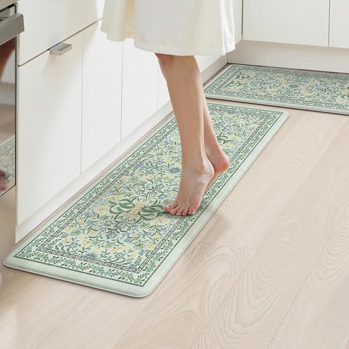 Collive Kitchen Mats for Floor 2PCS, Cushioned Anti Fatigue Mat Non Slip Waterproof Kitchen Rugs, Spring Floral Comfort Standing Rug for Home, Office, Sink, Laundry, 17"x30"+17"x47"