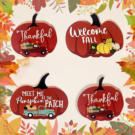 Cute Pumpkin Autumn Decorations Indoor, 4 Pcs Wooden Tiered Tray Decor Table Sign Thanksgiving Fall Decor Pumpkin Signs for Party Home Shelf Display