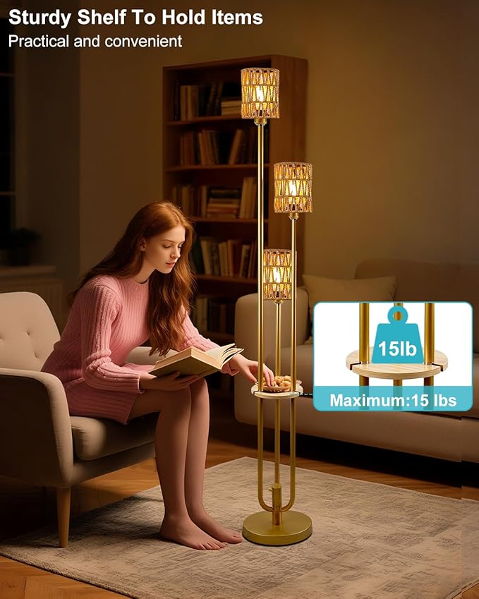 Lightdot Boho Floor Lamp with Shelves, 3-Lights Farmhouse Gold Dimmable Floor Lamp Candle Holder Style, Rustic Tall Standing Lamp with Rattan Shades for Living Room Bedroom Home Office