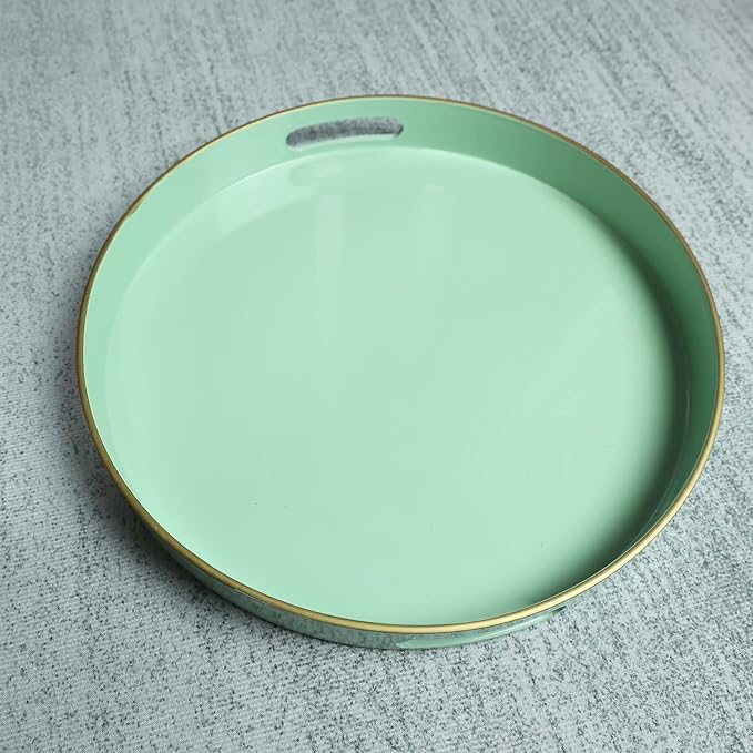 Spsyrine Round Green Plastic Decorative Tray, 13'' Modern Tray with Handles, Marble Pattern, for Breakfast, Coffee Table, Bathroom, Kitchen, Living Room
