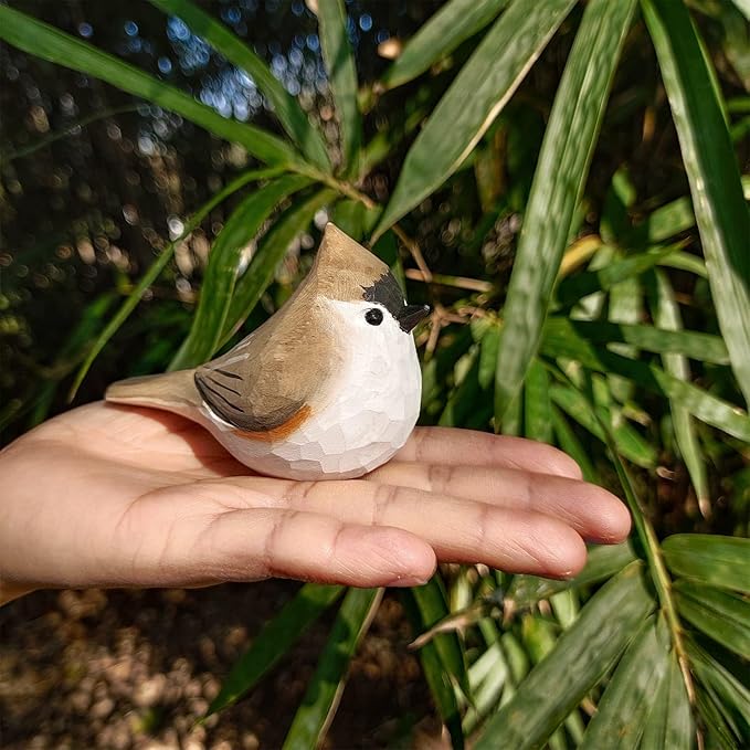 Handmade Wooden Carved Bird Decor - Sculpted Hand-Painted Figurines, Small Home Statue, Shelf Decor, BFF Gifts for Bird Lovers (Tufted Titmouse)